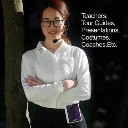 Rolton Voice Amplifier for Teachers and Outdoor Use worn by smiling teacher with headset mic outdoors