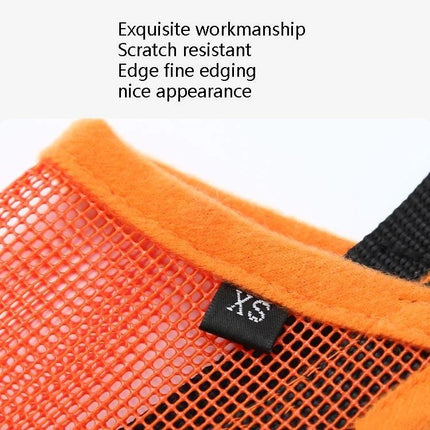 Mesh Cover for Dogs During Walks and Training Sessions shown in orange breathable mesh with soft edging and XS size tag