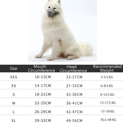 Mesh Cover for Dogs During Walks and Training Sessions on white Samoyed demonstrating sizing chart for comfortable panting and control
