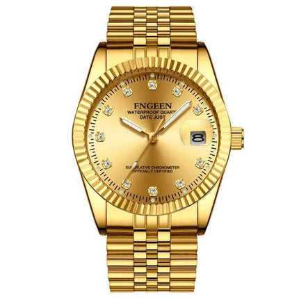 FNGEEN Men's Classic Diamond Dial Watch with Full Gold Surface - full gold men's wristwatch with diamond markers and calendar