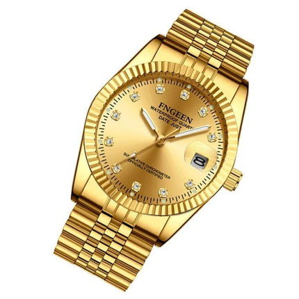 FNGEEN Men's Classic Diamond Dial Watch with Full Gold Surface, gold bracelet watch with calendar and diamond markers