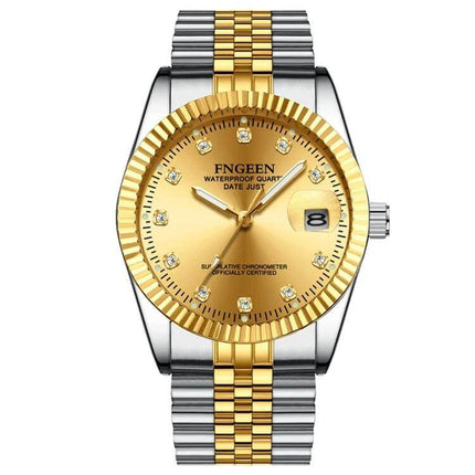 FNGEEN Men's Classic Diamond Dial Watch with Full Gold Surface showing gold dial, diamond hour markers and two-tone bracelet