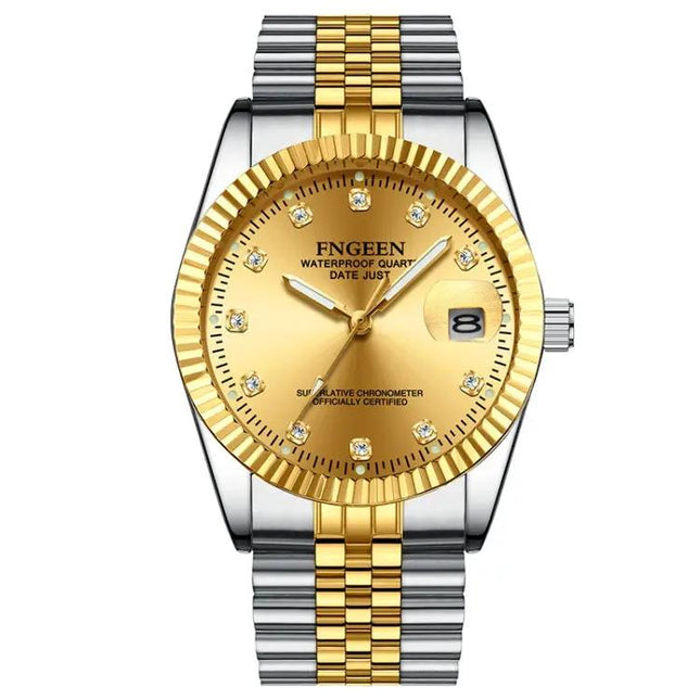 FNGEEN Men's Classic Diamond Dial Watch with Full Gold Surface | Syndmart