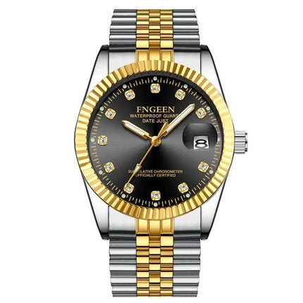 FNGEEN Men's Classic Diamond Dial Watch with Full Gold Surface - two-tone gold stainless steel bracelet, black dial with diamond markers and date