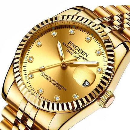 FNGEEN Men's Classic Diamond Dial Watch with Full Gold Surface high-polish gold wristwatch showing diamond hour markers and calendar window