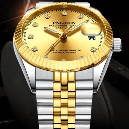 FNGEEN Men's Classic Diamond Dial Watch with Full Gold Surface showing gold dial, diamond markers, date window and two-tone bracelet