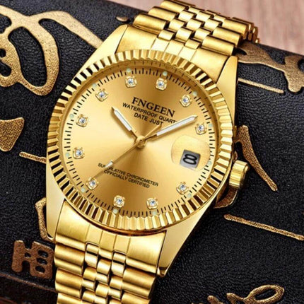 FNGEEN Men's Classic Diamond Dial Watch with Full Gold Surface showing gold bracelet, diamond markers and calendar window