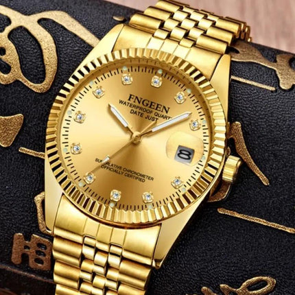 FNGEEN Men's Classic Diamond Dial Watch with Full Gold Surface | Syndmart