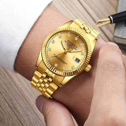 FNGEEN Men's Classic Diamond Dial Watch with Full Gold Surface on wrist showing gold bracelet, diamond dial and calendar window