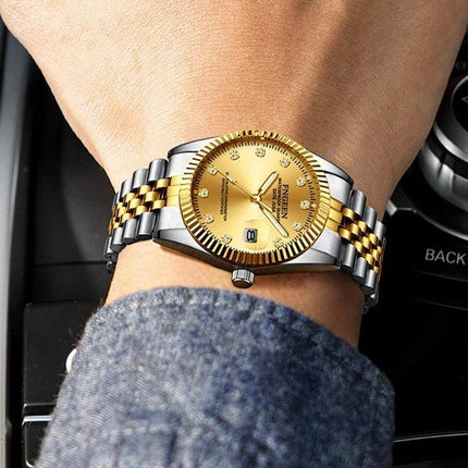 FNGEEN Men's Classic Diamond Dial Watch with Full Gold Surface on wrist showing gold dial, diamond markers and calendar window