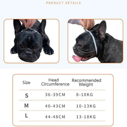 Mouth Cover for Flat-Faced Dogs During Daily Walks showing size guide and fitting on a French Bulldog