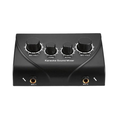 Portable Karaoke Sound Mixer for Home and Events Use - compact black dual-mic mixer with tone and echo controls for home gatherings and events