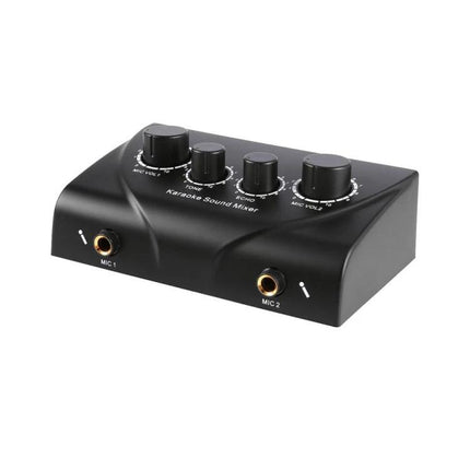 Portable Karaoke Sound Mixer for Home and Events Use - compact black dual-mic mixer with echo and volume knobs for family gatherings and events