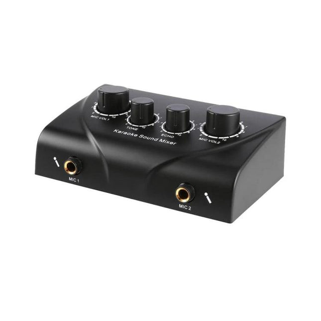Portable Karaoke Sound Mixer for Home and Events Use - compact black dual-mic mixer with echo and volume knobs for family gatherings and events