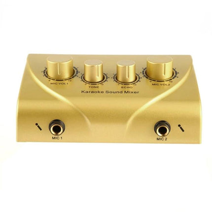 Portable Karaoke Sound Mixer for Home and Events Use gold compact unit with dual mic inputs and tone/echo controls