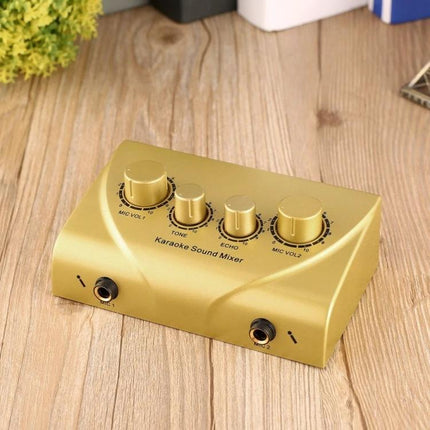 Portable Karaoke Sound Mixer for Home and Events Use - compact gold dual-mic mixer with echo and tone controls for family parties and events
