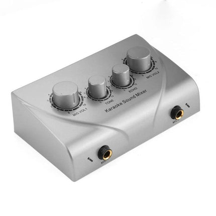 Portable Karaoke Sound Mixer for Home and Events Use - compact silver unit with dual mic inputs, tone and echo controls for easy home karaoke setup