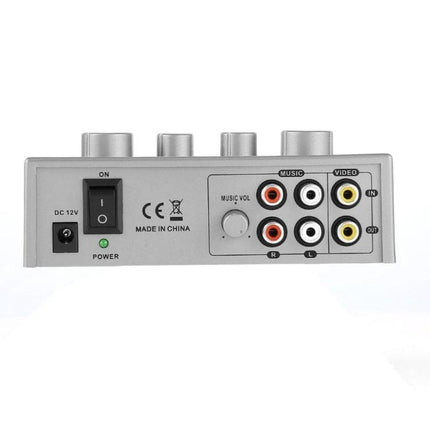 Portable Karaoke Sound Mixer for Home and Events Use rear view showing DC power switch, RCA music and video inputs and volume knob