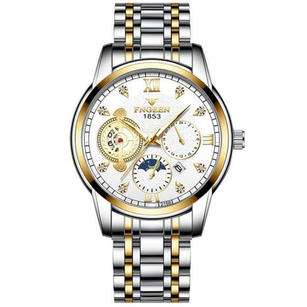 FNGEEN Men's Three-Eye Quartz Watch for Everyday Wear - two-tone stainless steel bracelet, white dial with three sub-dials and date