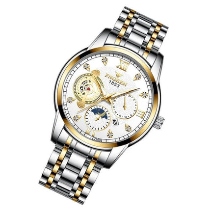 FNGEEN Men's Three-Eye Quartz Watch for Everyday Wear, silver and gold stainless steel wristwatch with three sub-dials and date