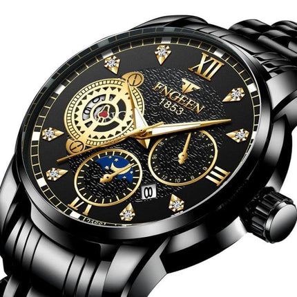FNGEEN Men's Three-Eye Quartz Watch for Everyday Wear - black and gold three-dial men's wristwatch with date window