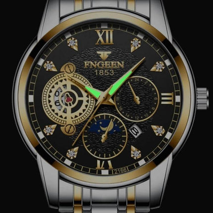 FNGEEN Men's Three-Eye Quartz Watch for Everyday Wear - black gold dial with three sub-dials and stainless steel bracelet