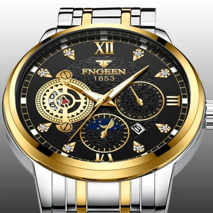 FNGEEN Men's Three-Eye Quartz Watch for Everyday Wear - gold black dial with three sub-dials and stainless steel band