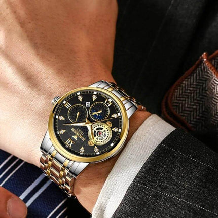 FNGEEN Men's Three-Eye Quartz Watch for Everyday Wear - gold and silver men’s wristwatch with black dial and three sub-dials on suited wrist