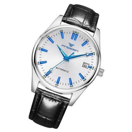 FNGEEN Men's Luminous Calendar Watch for Everyday Use - silver dial, blue luminous hands and markers, black leather strap, calendar window
