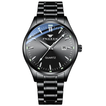 FNGEEN Men's Luminous Calendar Watch for Everyday Use - black stainless steel quartz watch with date window and luminous hands