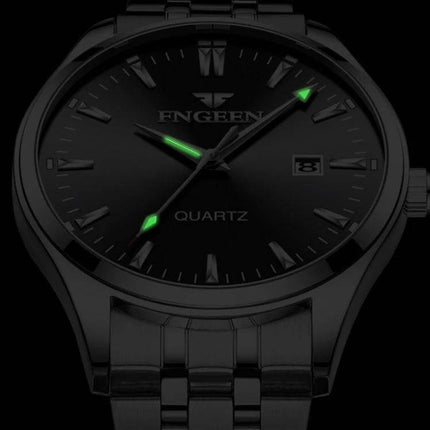 FNGEEN Men's Luminous Calendar Watch for Everyday Use showing black dial with luminous green hands and calendar window