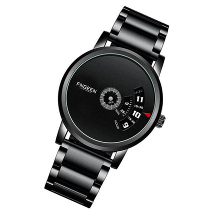 FNGEEN S230 Men's Black Steel Quartz Watch for Daily Use - black steel strap minimalist dial with date window and rotating hour display