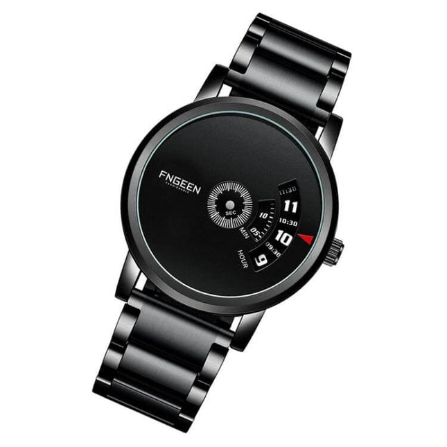 FNGEEN S230 Men's Black Steel Quartz Watch for Daily Use - black steel strap minimalist dial with date window and rotating hour display