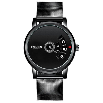 FNGEEN S230 Men's Black Steel Quartz Watch for Daily Use - sleek black dial, mesh steel strap, simple date and time display