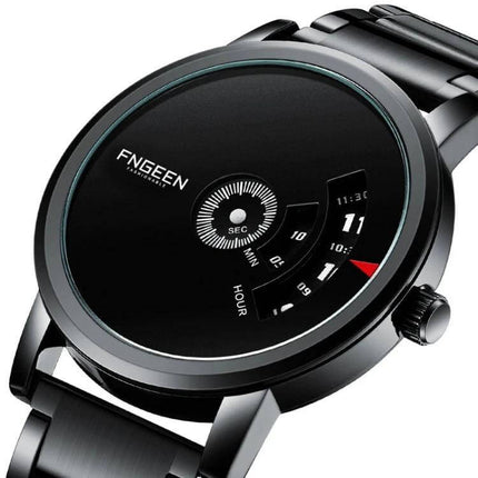 FNGEEN S230 Men's Black Steel Quartz Watch for Daily Use - minimalist black dial with date window and black steel strap