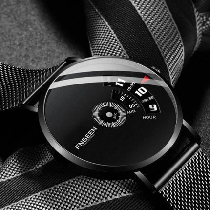 FNGEEN S230 Men's Black Steel Quartz Watch for Daily Use - minimalist black dial, steel mesh strap, date and minute subdial