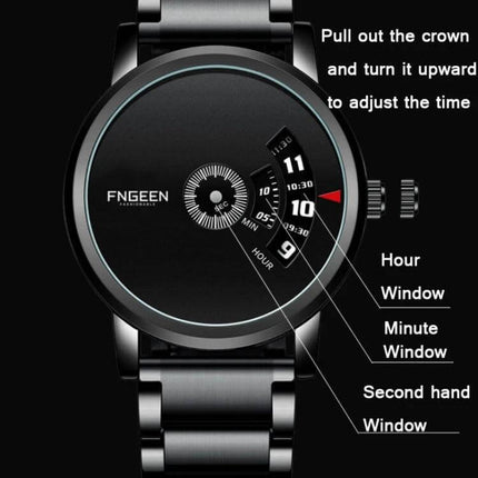 FNGEEN S230 Men's Black Steel Quartz Watch for Daily Use black dial with hour, minute, second windows and black steel strap
