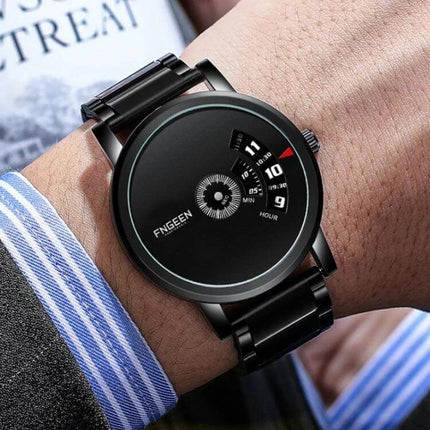 FNGEEN S230 Men's Black Steel Quartz Watch for Daily Use - minimalist black dial, steel bracelet, date and hour display for commuting and office wear