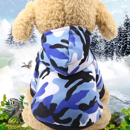 Warm Cotton Dog Hoodie for Everyday Pet Outings and Play - blue camo cotton dog hoodie on small dog for park walks and backyard play