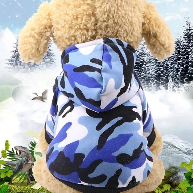 Warm Cotton Dog Hoodie for Everyday Pet Outings and Play - blue camo cotton dog hoodie on small dog for park walks and backyard play