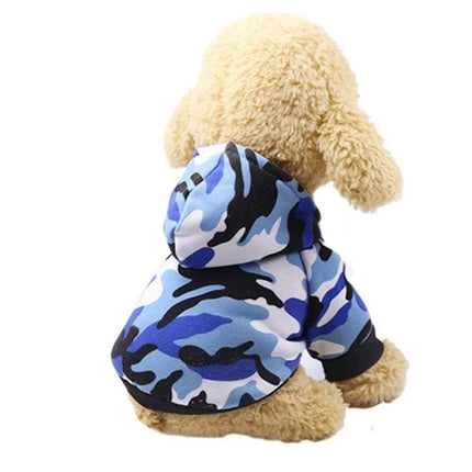 Warm Cotton Dog Hoodie for Everyday Pet Outings and Play - blue camo cotton dog hoodie on small dog, lightweight breathable layer for walks
