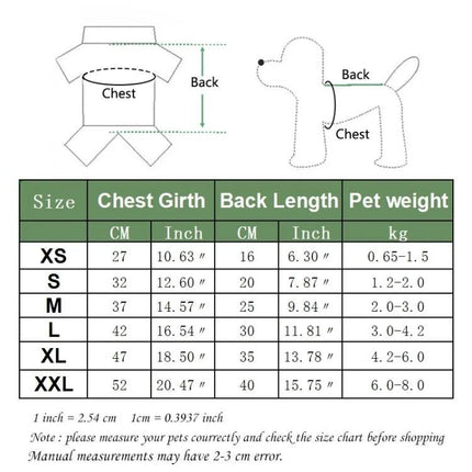 Warm Cotton Dog Hoodie for Everyday Pet Outings and Play size chart showing chest girth, back length and weight guidance