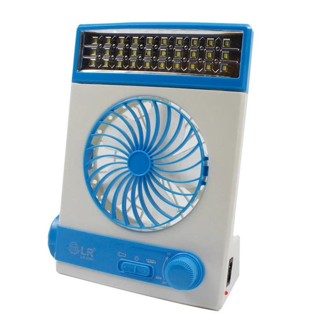 Versatile Solar-Powered Fan with Lamp and Flashlight Function portable blue-white unit showing fan, LED lamp array and control knobs