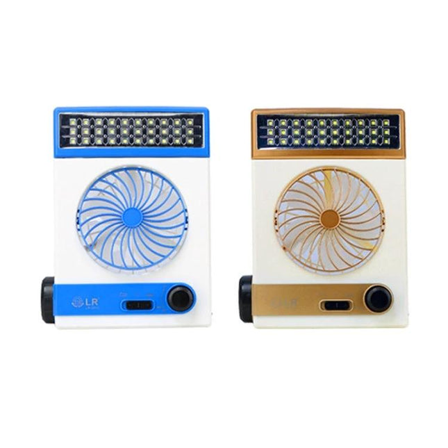Versatile Solar-Powered Fan with Lamp and Flashlight Function showing two portable white units with blue and gold accents, LED lamp strip and front fan