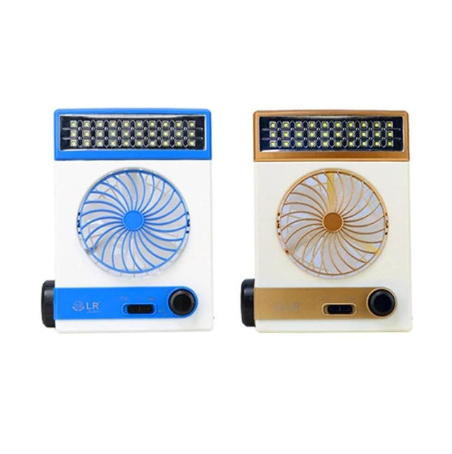 Versatile Solar-Powered Fan with Lamp and Flashlight Function showing two portable white units with blue and gold accents, LED lamp strip and front fan