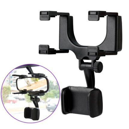 Car Rearview Mirror Phone Holder For Hands Free Navigation 7-Inch securely holding phone on mirror with 360° rotation and 180° clamp arm