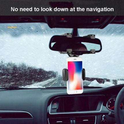 Car Rearview Mirror Phone Holder For Hands Free Navigation 7-Inch mounted on mirror with phone in view showing 360° rotation and 180° clamp for hands-free navigation