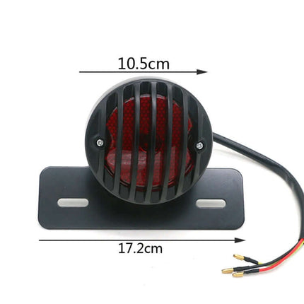 Retro Motorcycle Tail Light with Red Brake Indicator - metal shell, PC lens, 10.5cm round tail light on 17.2cm bracket for motorcycles, ATVs, scooters