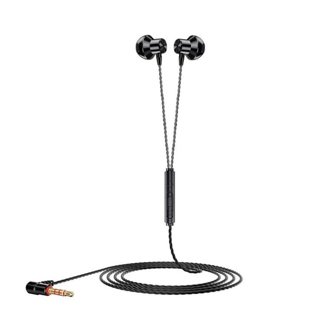 Ergonomic Earbuds for Daily Listening on the Go black wired in-ear headphones with 90-degree elbow and reinforced joint