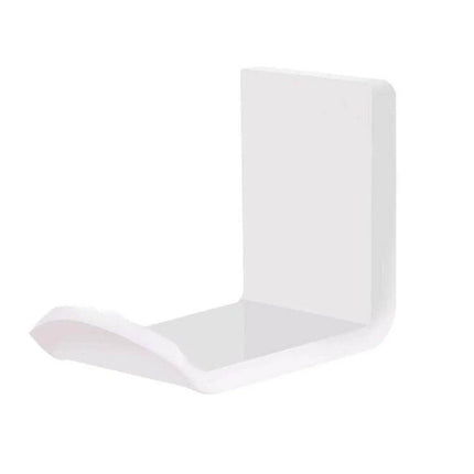 Adhesive Headphone Hanger Bracket For Wall Or Desk Storage white L-shaped acrylic holder with rounded edges, adhesive backing